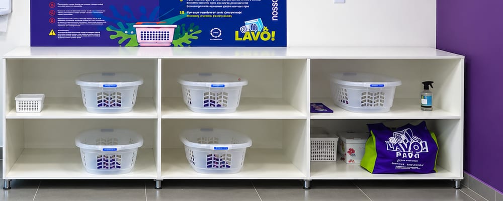 Bancada branca de dobrar roupa da Lavô Pina, com os cestos organizados nas prateleiras