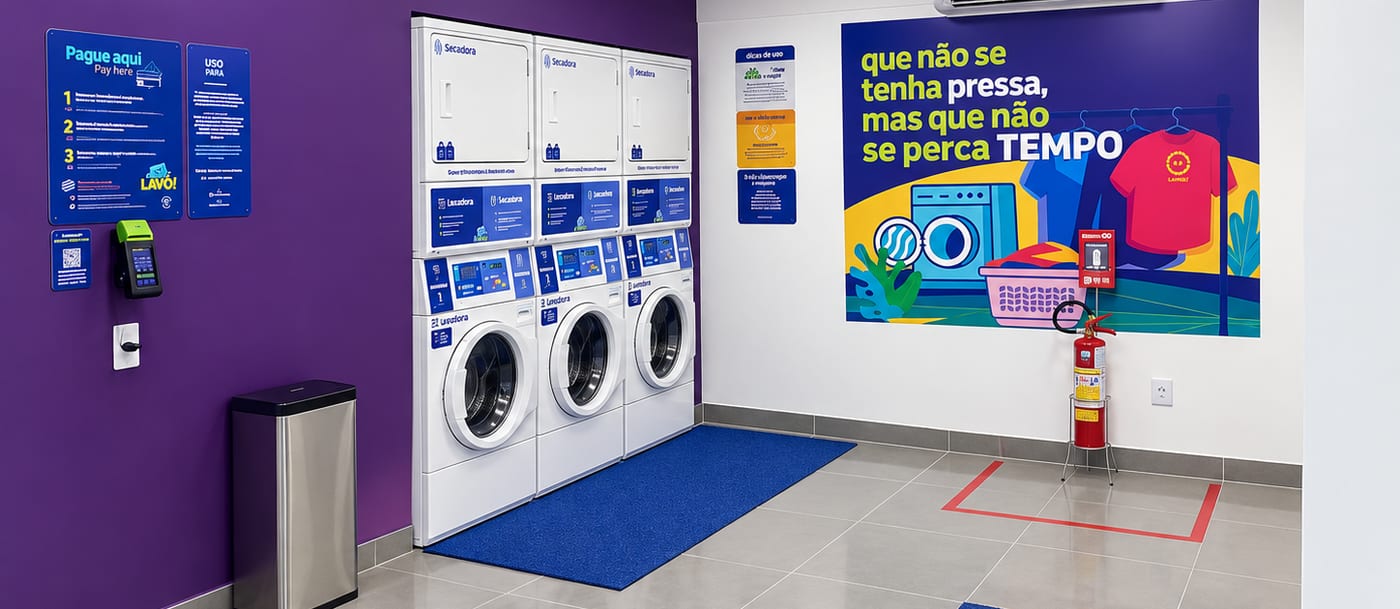 Salão da Lavô Pina, com a parede roxa do painel de pagamento, três secadoras sobre três lavadoras e o tapete azul na frente das máquinas